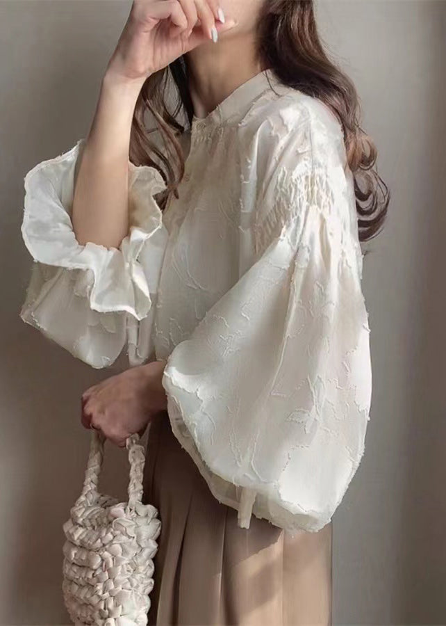 Shirt Apricot Sheer Chiffon Lantern Jacquard Sleeve