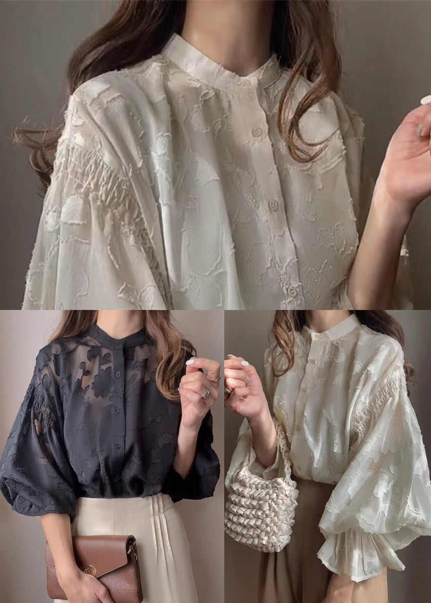 Shirt Apricot Sheer Chiffon Lantern Jacquard Sleeve