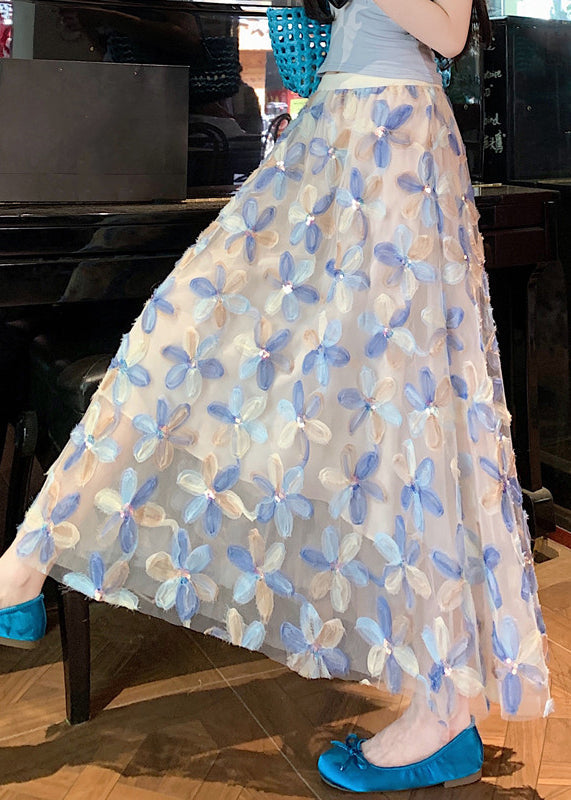 Tulle Skirt Waist Elastic Blue Art Summer Floral