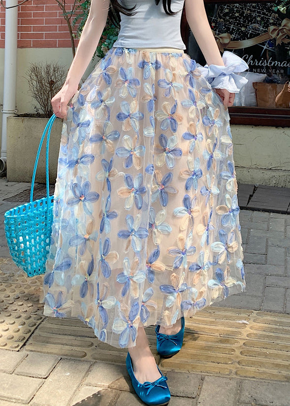 Tulle Skirt Waist Elastic Blue Art Summer Floral