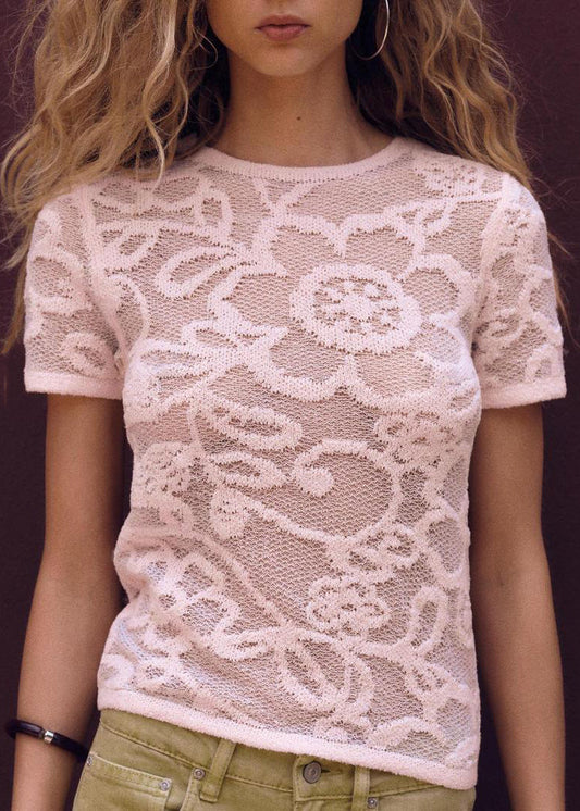 Hollow Shirts Out T Neck Knit O Summer Pink Art