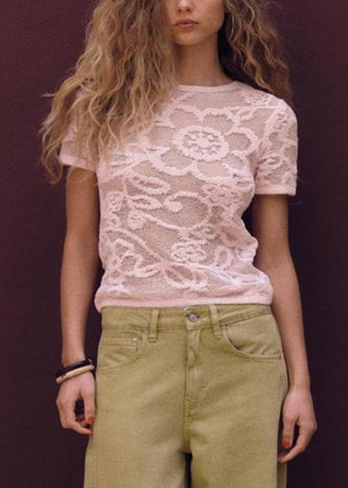 Hollow Shirts Out T Neck Knit O Summer Pink Art