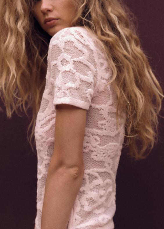 Hollow Shirts Out T Neck Knit O Summer Pink Art