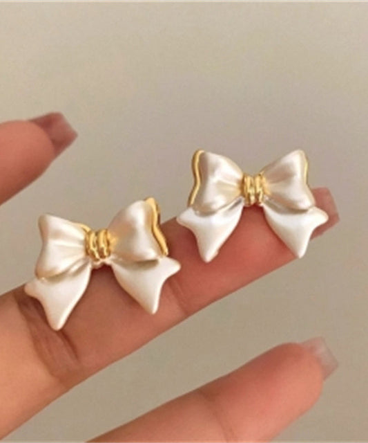 Copper Bow White Earrings Alloy Stud Art