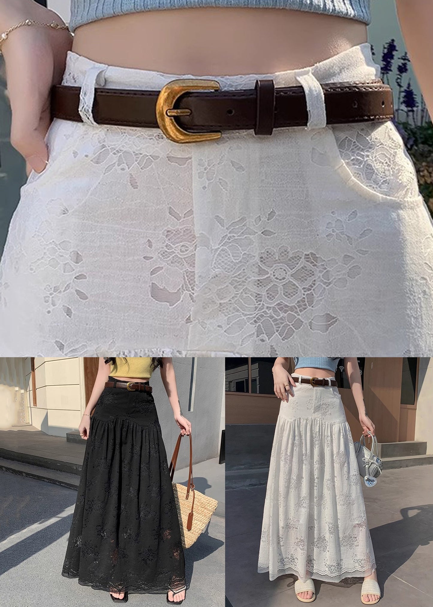 Waist White High Art Skirt Out Hollow Summer Lace