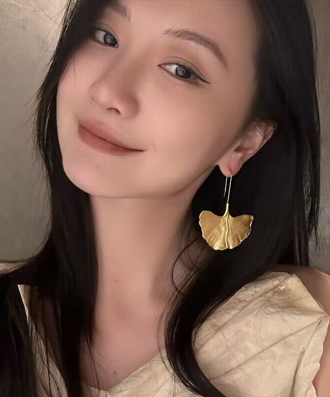 Gold Ginkgo Drop Copper Beach Overgild Earrings Leaf