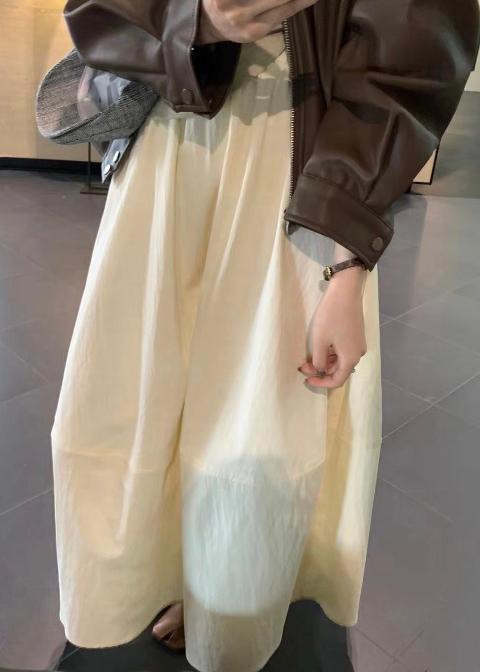 Waist Patchwork Elastic Skirts Solid Cotton Beige