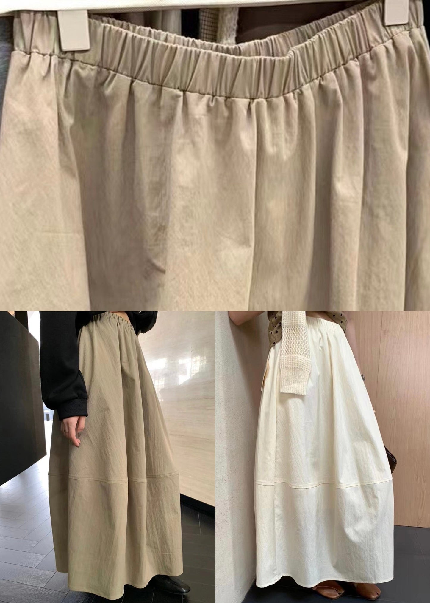 Waist Patchwork Elastic Skirts Solid Cotton Beige