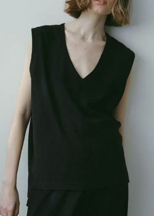Tank Neck Cotton V Tops Black Sleeveless