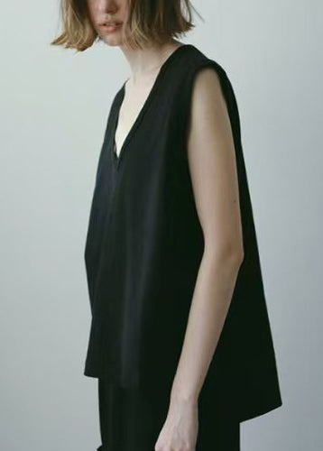 Tank Neck Cotton V Tops Black Sleeveless