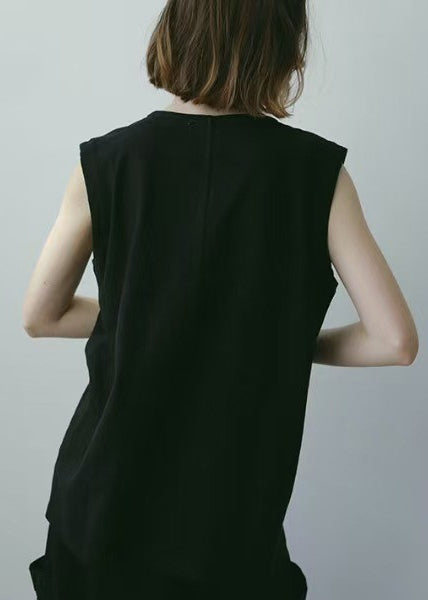 Tank Neck Cotton V Tops Black Sleeveless
