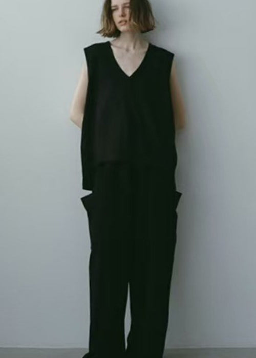 Tank Neck Cotton V Tops Black Sleeveless