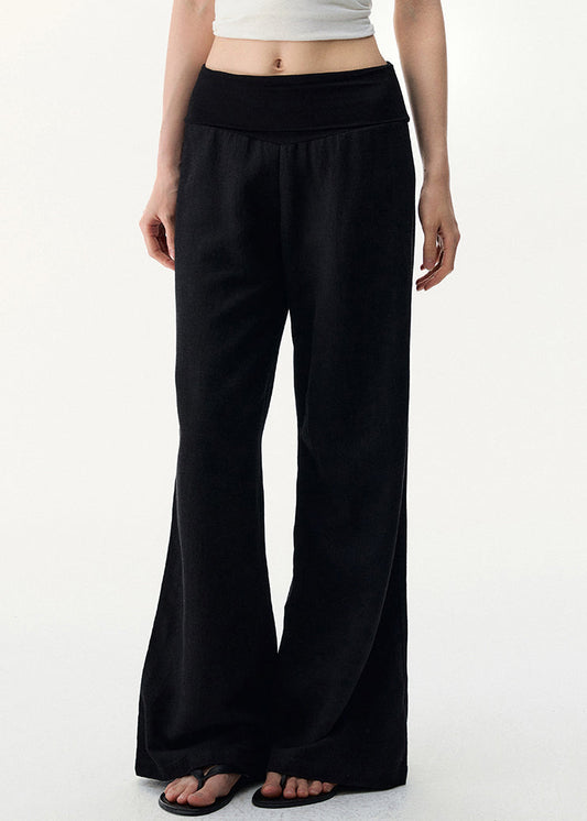 Linen Pants Elastic Cozy Black Waist Wide Leg