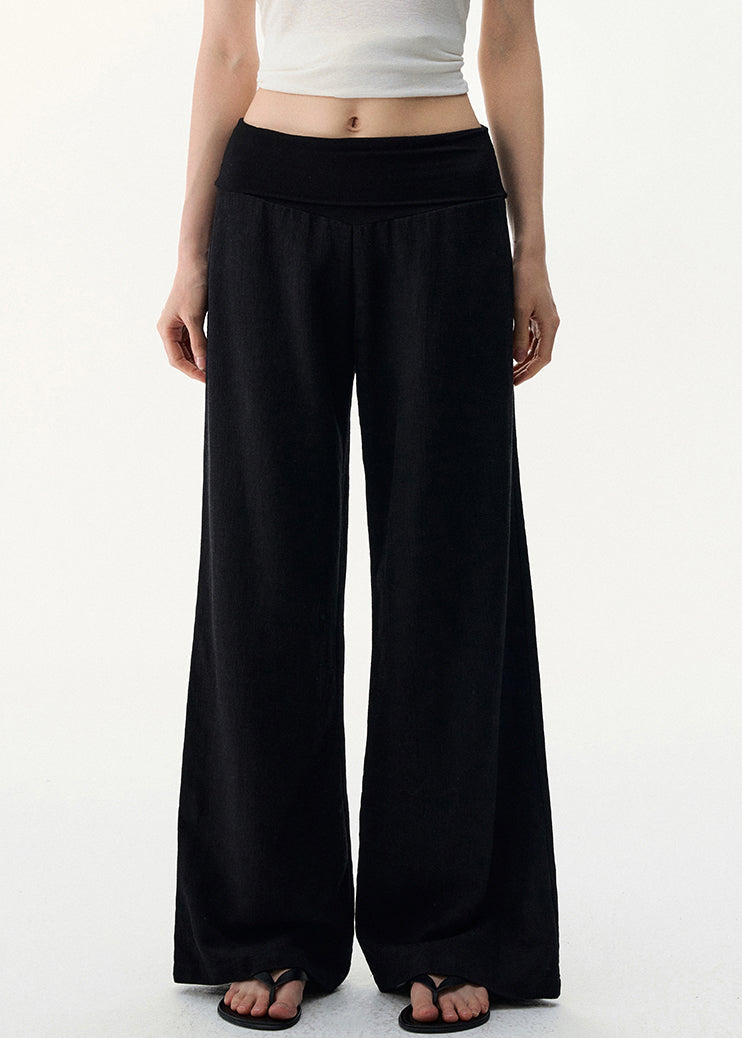 Linen Pants Elastic Cozy Black Waist Wide Leg