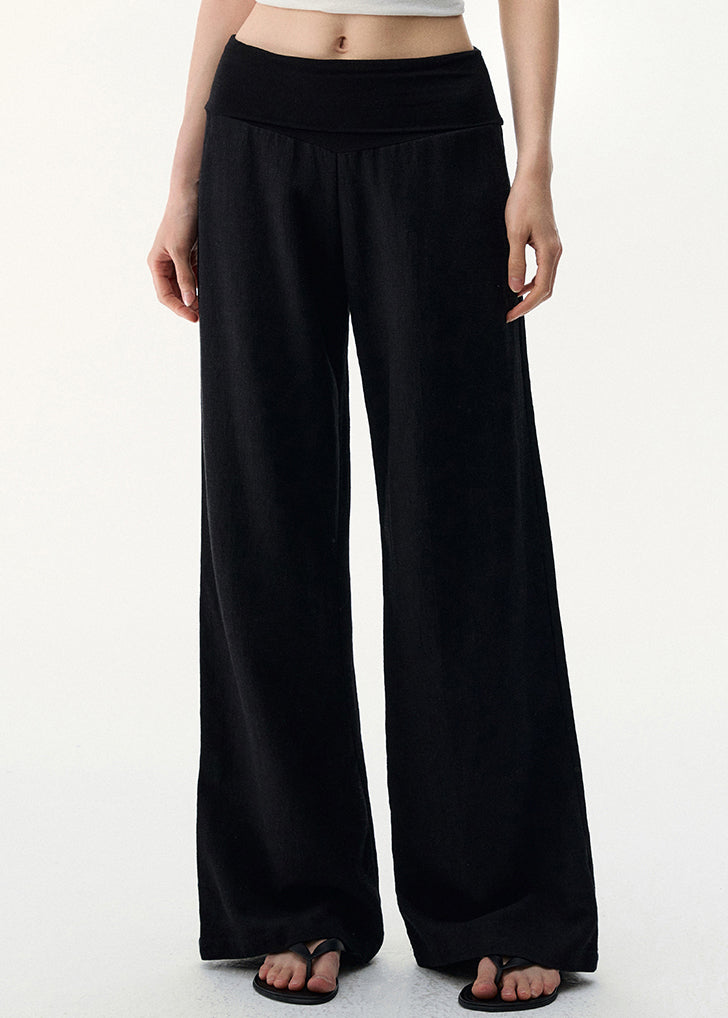 Linen Pants Elastic Cozy Black Waist Wide Leg