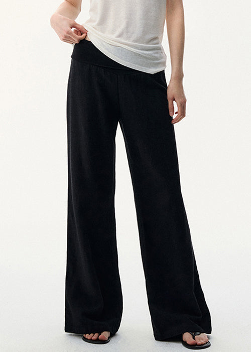 Linen Pants Elastic Cozy Black Waist Wide Leg