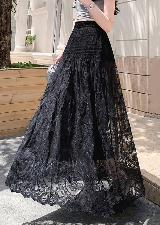 Tulle Summer Black Lace Out Hollow Waist Elastic Skirts