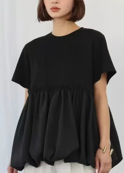 Patchwork Cotton Boho Summer Ruffled Black Tops