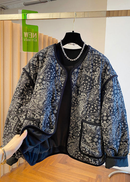 Print Filled Fine Jackets Black Boutique Neck O Pockets Cotton