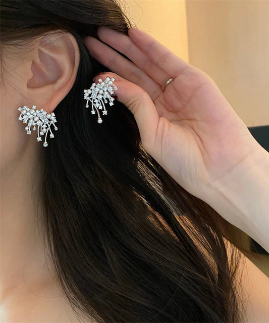 Silver Silk Snowflake Sterling Boutique Stud Earrings Zircon