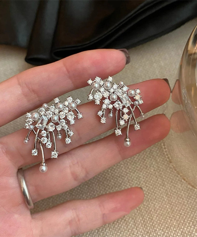 Silver Silk Snowflake Sterling Boutique Stud Earrings Zircon