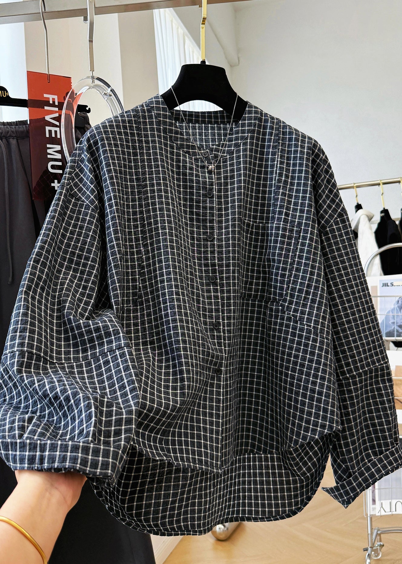 Black Stand Fall Casual Plaid Collar Cotton Pockets Top Shirt
