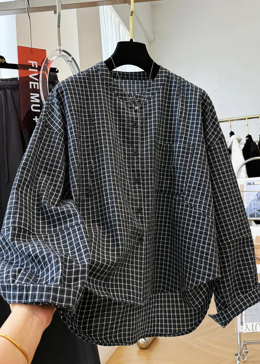 Black Stand Fall Casual Plaid Collar Cotton Pockets Top Shirt
