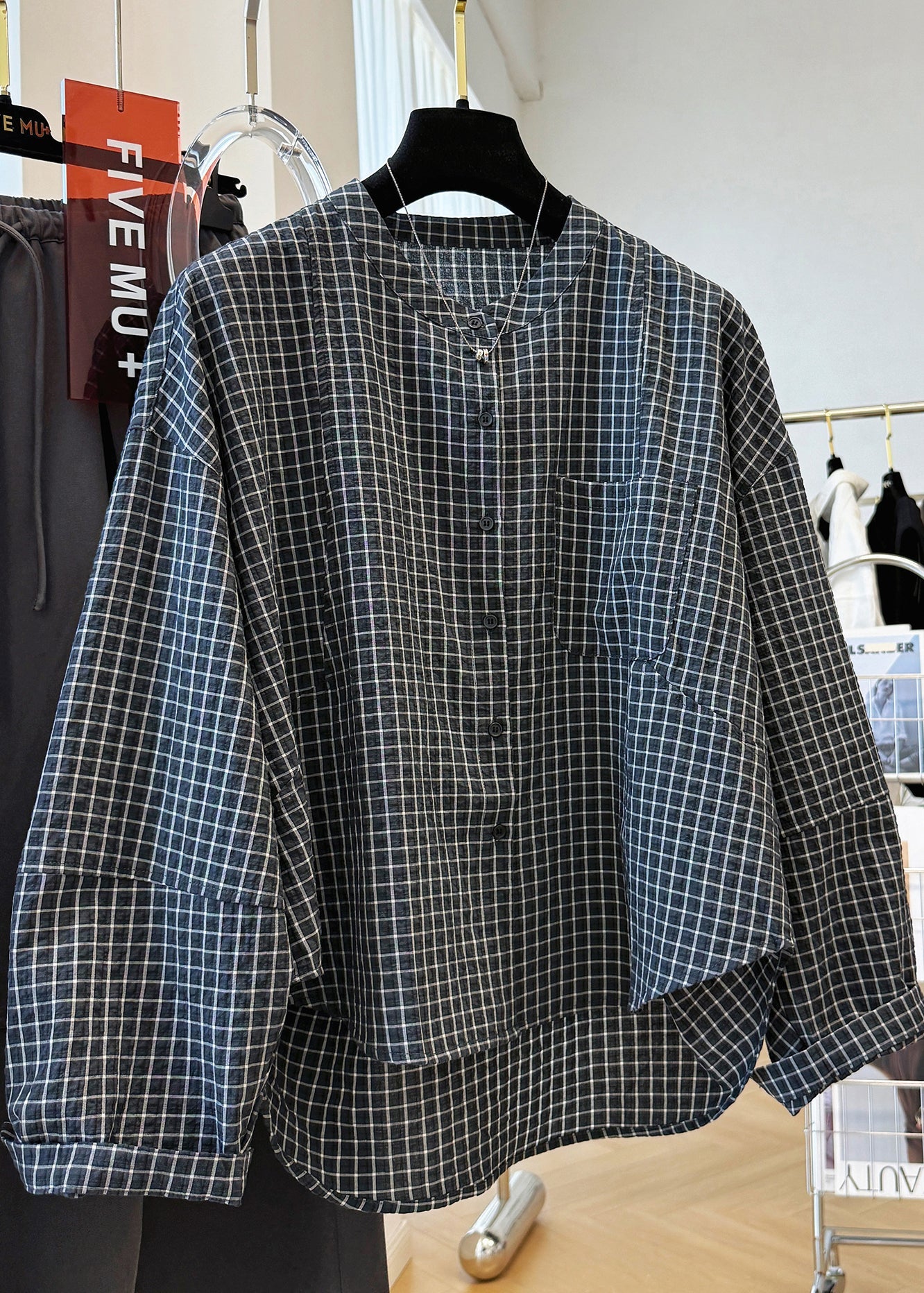 Black Stand Fall Casual Plaid Collar Cotton Pockets Top Shirt