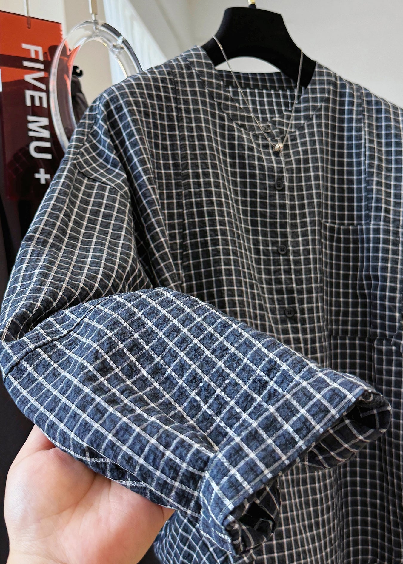 Black Stand Fall Casual Plaid Collar Cotton Pockets Top Shirt