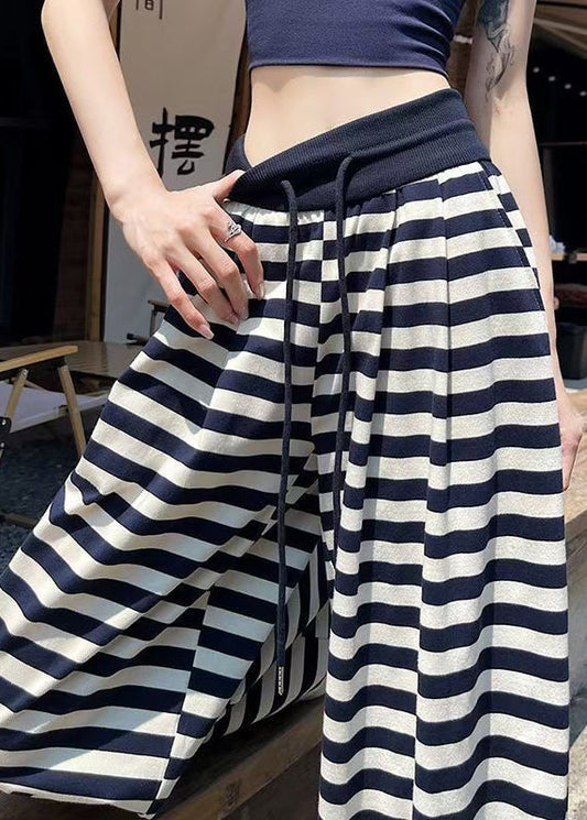 Wide Waist Leg Striped Casual Fall Navy Cotton Pants Elastic
