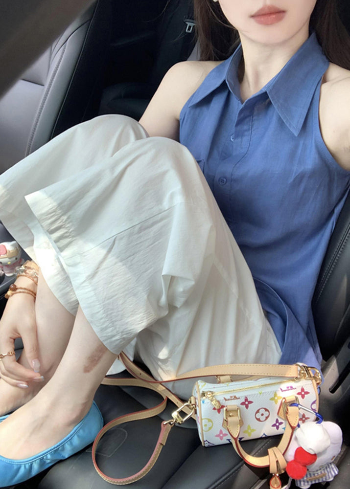 Tops Cotton Pan Blue Button Peter Shirt Collar Chic Sleeveless