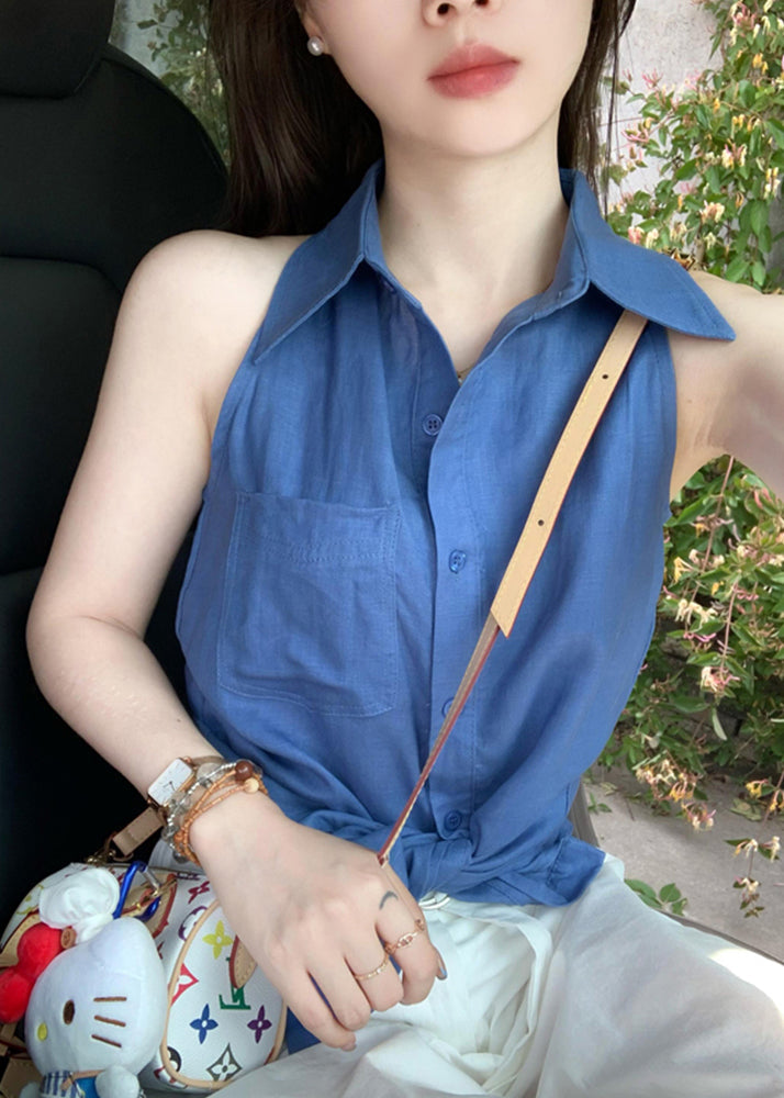 Tops Cotton Pan Blue Button Peter Shirt Collar Chic Sleeveless
