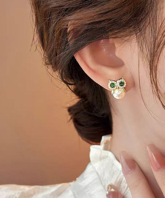 Owl Stud Zircon Pearl Copper Gold Earrings Chic Alloy