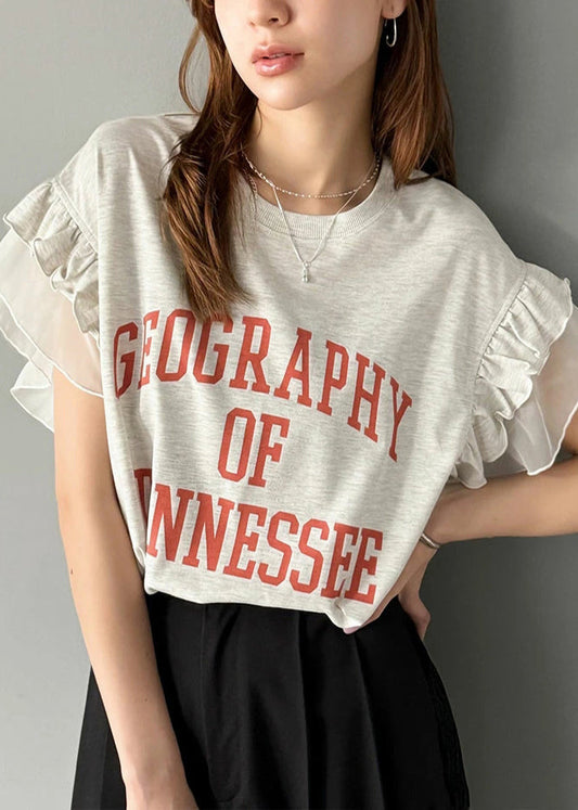 Summer Tops Chic Cotton Print Grey Patchwork Ruffled