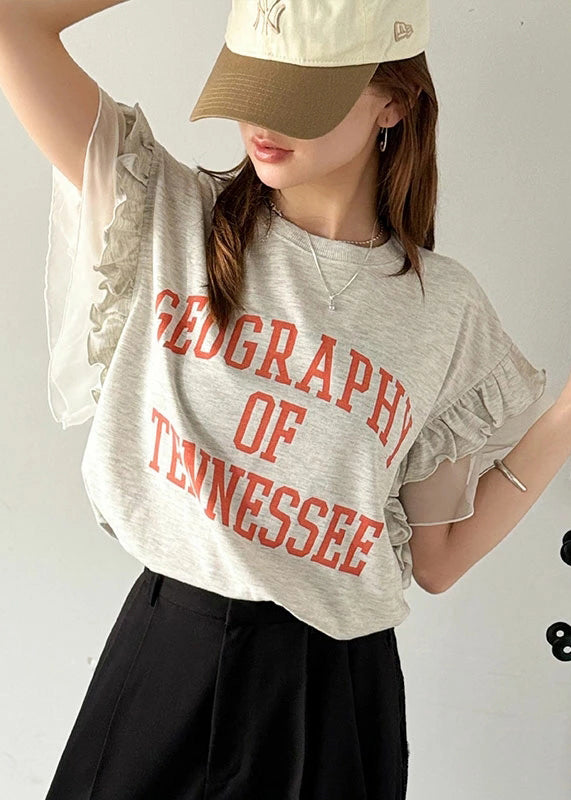 Summer Tops Chic Cotton Print Grey Patchwork Ruffled