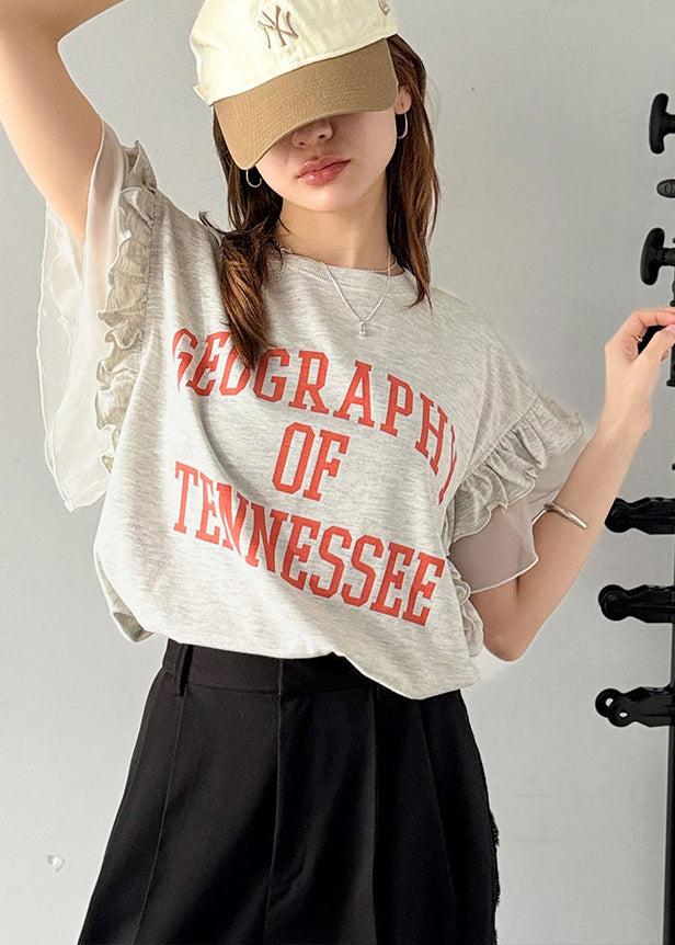 Summer Tops Chic Cotton Print Grey Patchwork Ruffled