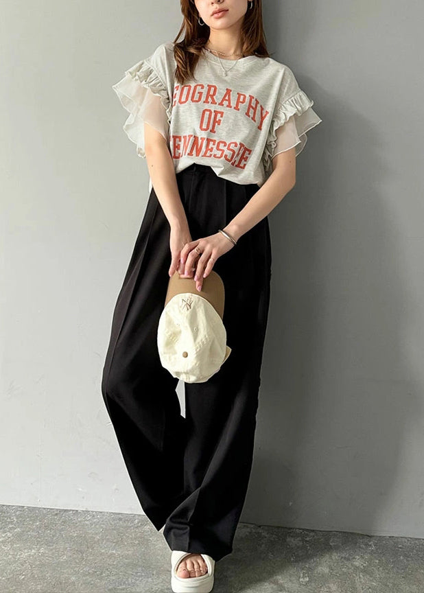 Summer Tops Chic Cotton Print Grey Patchwork Ruffled