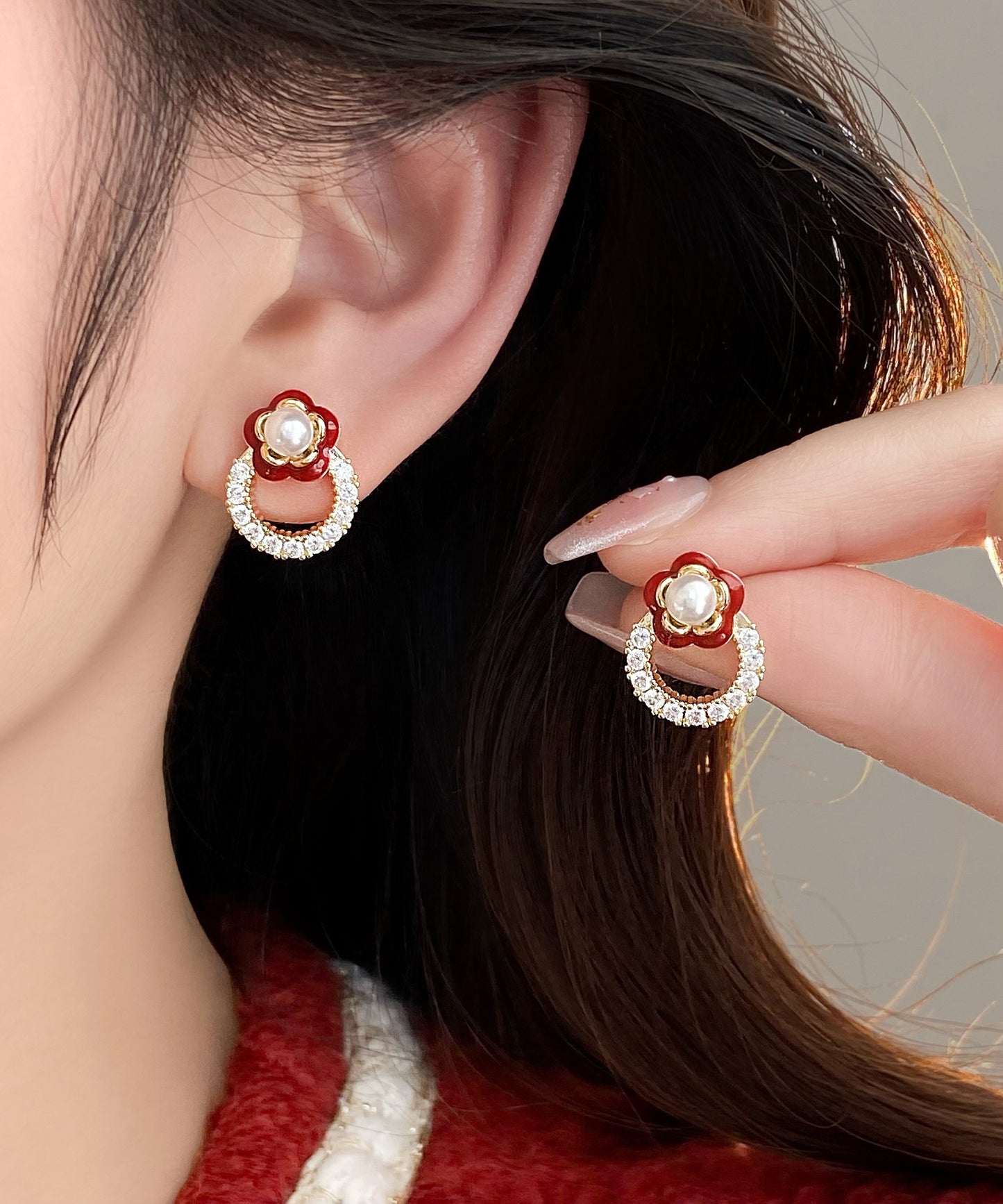 Red Stud Camellia Zircon Earrings Copper Flower Alloy Chic