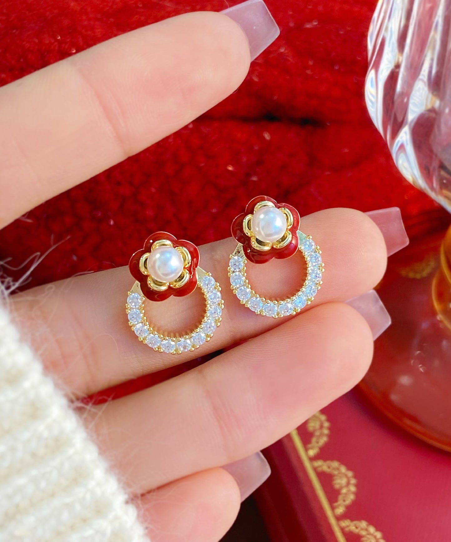 Red Stud Camellia Zircon Earrings Copper Flower Alloy Chic