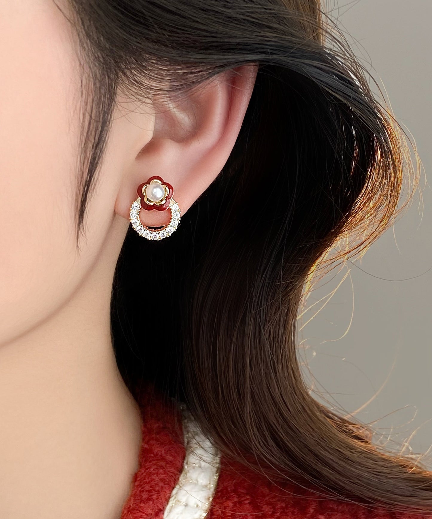 Red Stud Camellia Zircon Earrings Copper Flower Alloy Chic