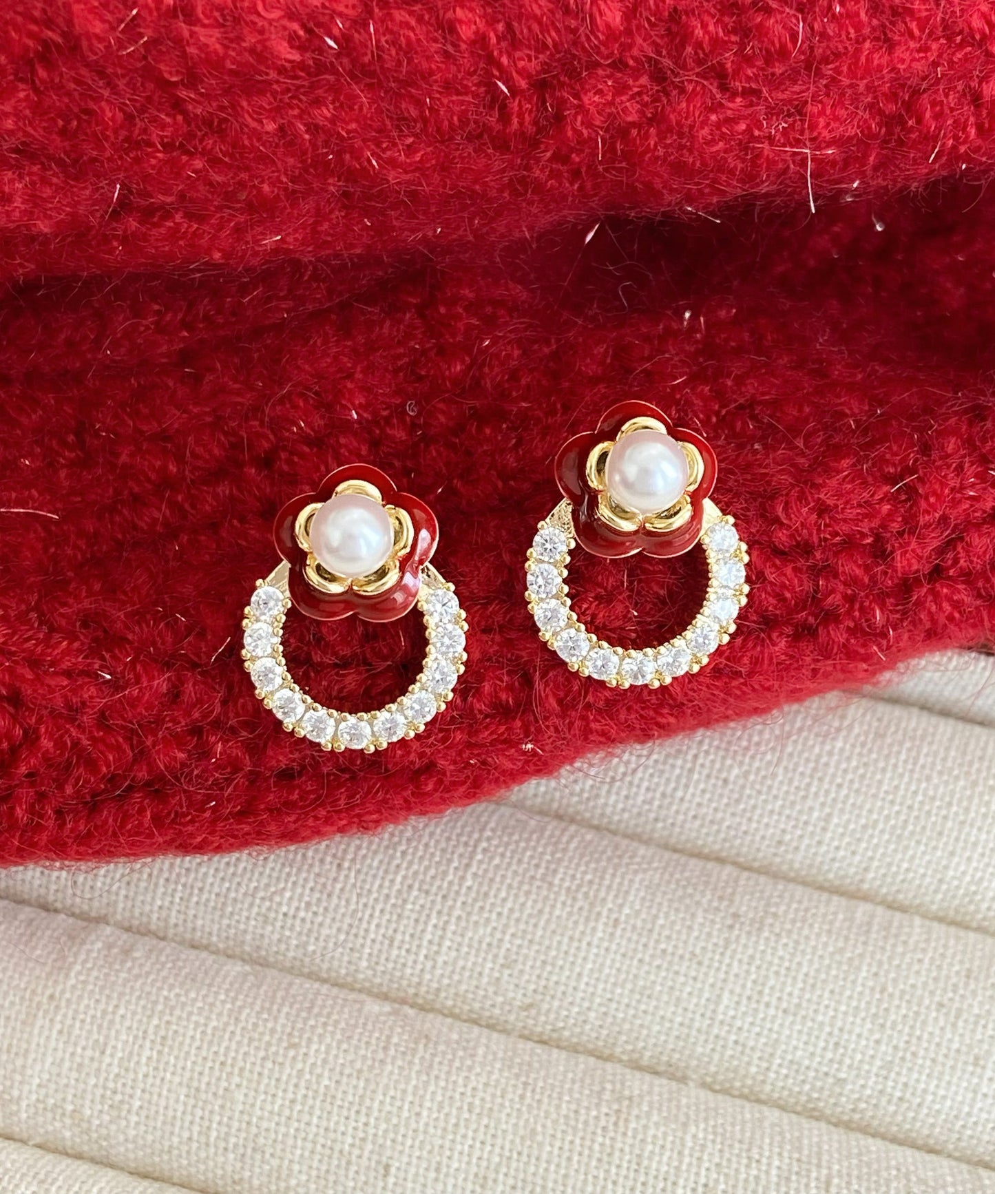 Red Stud Camellia Zircon Earrings Copper Flower Alloy Chic