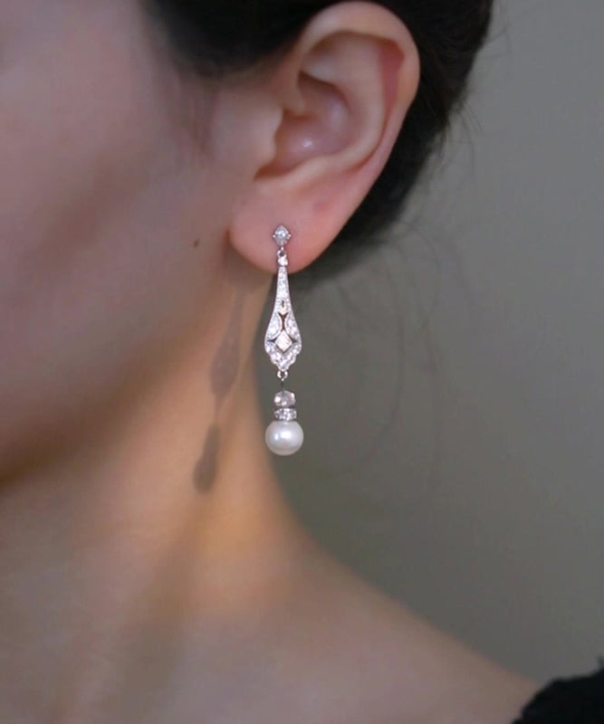 Style Pearl Earrings Silk Copper Zircon Drop Chinese