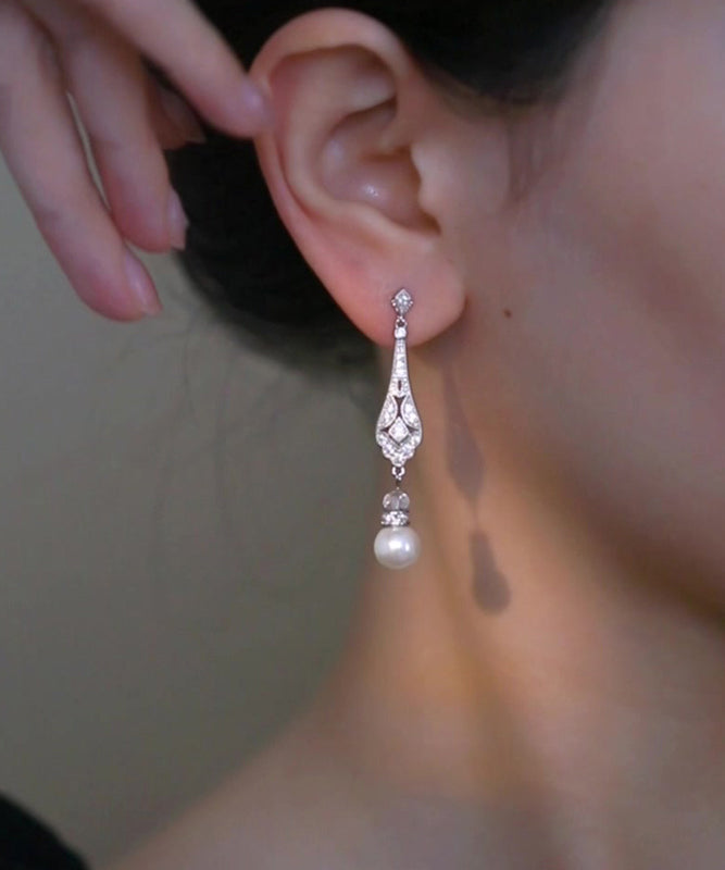 Style Pearl Earrings Silk Copper Zircon Drop Chinese