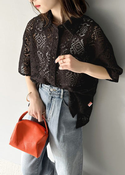 Black Lace Oversized Classy Out Shirts Hollow Summer