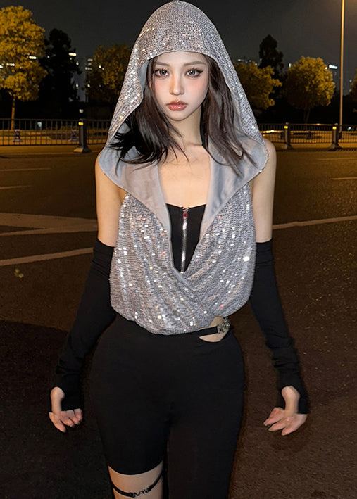 Cool Two-Piece Hanging Zipper Neck Hooded T-Shirt Sequin Set