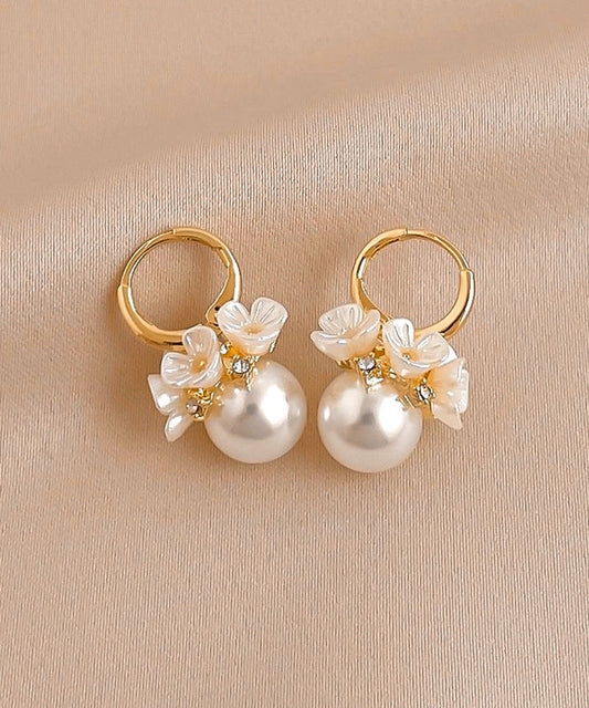 Zircon Alloy Cute Hoop Earrings Pearl Gold Floral