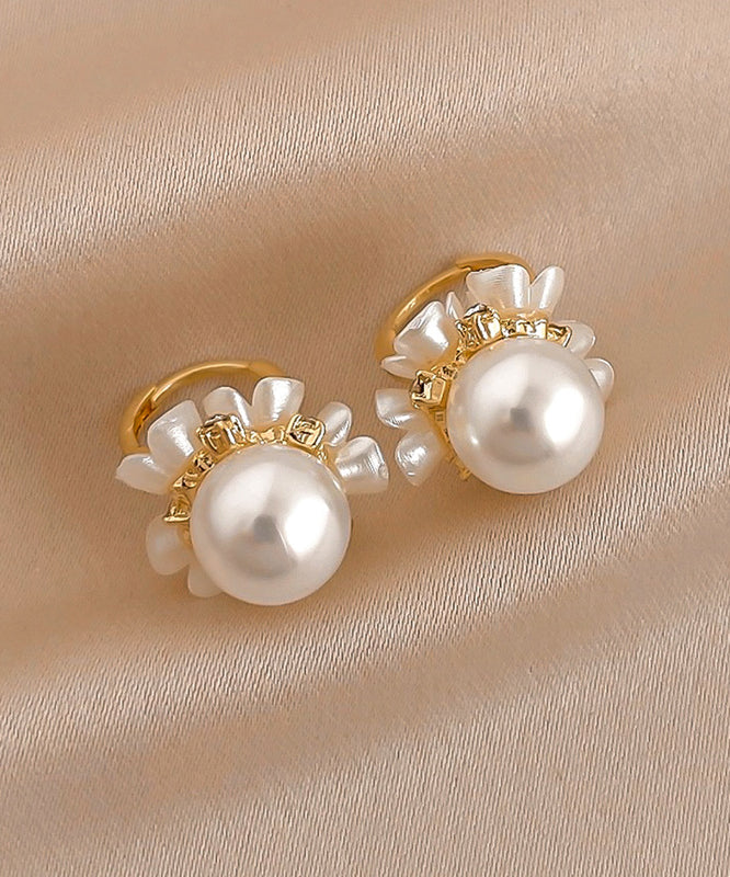 Zircon Alloy Cute Hoop Earrings Pearl Gold Floral