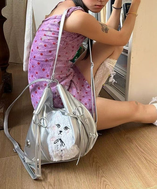 Bags Leather Versatile White Appliqued DIY Cat Faux Shoulder