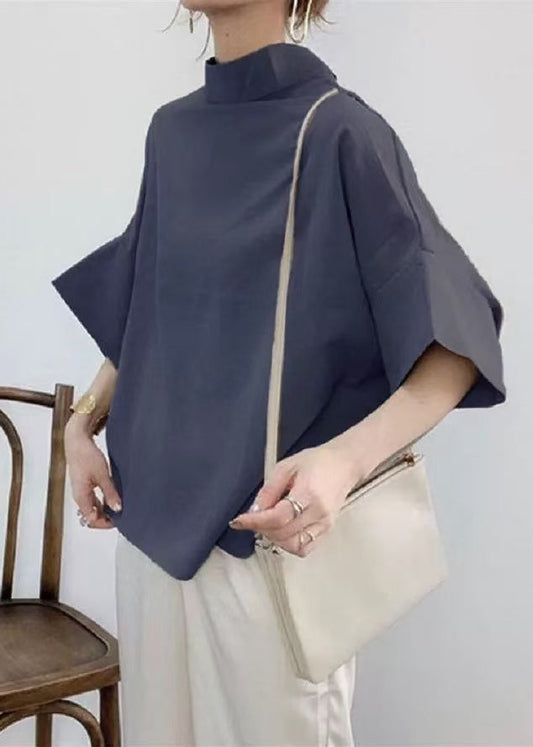 Collar Stand Batwing Sleeve Shirt Navy Cotton Elegant