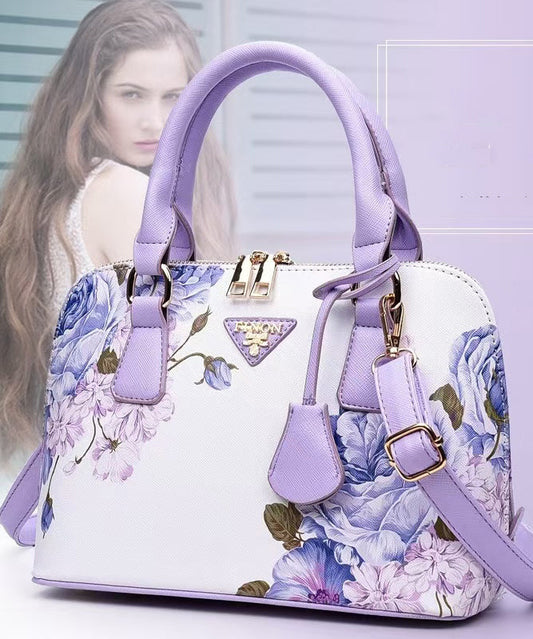 Tote Elegant Leather Jacquard Purple Handbag Durable Faux Solid